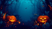 Glowing jack o'lanterns in mystical dark forest with orange autumn ferns, flying bats and magical fireflies creating spooky Halloween atmosphere at night.