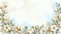 Watercolor cotton flowers and green leaves border frame on soft pastel background with copy space for wedding or greeting card design.