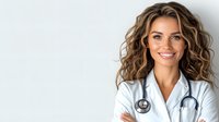 Young female medical professional with curly brown hair wearing white coat and stethoscope, standing with arms crossed against light background, friendly confident smile.