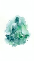 Silhouette of woman in lotus meditation pose surrounded by flowing green and teal watercolor washes on white background. Isolated artwork suitable for wellness, yoga, mindfulness and spa design projects.
