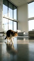 Adorable calico cat walking across polished concrete floor in modern minimalist living room with floor-to-ceiling windows and contemporary furniture.