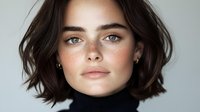 Young woman with natural makeup, freckles and short dark hair wearing black turtleneck sweater against light gray background. Close up portrait with soft lighting.