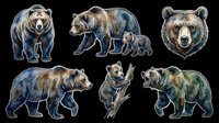 Watercolor grizzly bear sticker set isolated on transparent background, ready for t-shirt design, clipart, sublimation, print on demand, and sticker projects.