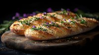 Fresh baked crusty bread loaves garnished with aromatic rosemary and herbs on rustic wooden cutting board against dark background with moody lighting.
