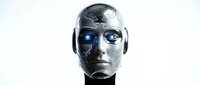 Futuristic humanoid robot head with glowing blue eyes and metallic silver face on white background. Advanced artificial intelligence concept for technology design.