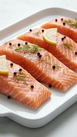 Fresh salmon fillets with dill and lemon slices arranged on white tray, seasoned with black peppercorns for gourmet cooking and healthy meal preparation.