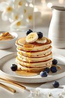 Stack of fluffy pancakes topped with fresh banana slices, blueberries and drizzling maple syrup on ceramic plate. Peanut butter and flowers in background.