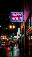 Neon happy hour sign glowing on busy city street at night with pedestrians and traffic creating vibrant urban nightlife atmosphere for restaurant marketing.