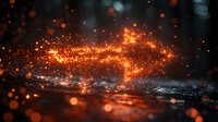 Glowing orange arrow formed by digital particles against dark background with bokeh lights and reflective surface, symbolizing direction and progress.