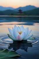 White lotus flower blooming on calm lake water at sunset with mountain silhouettes and pagoda in soft focus background creating peaceful zen atmosphere.