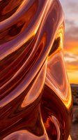 Abstract flowing liquid forms with warm golden, orange, and deep red tones creating dynamic wave patterns. Glowing luminous surfaces suggest molten glass or fluid motion against soft sunset backdrop.