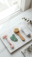 Spa wellness tools on marble surface with natural sunlight. Rose quartz roller, jade gua sha, dry brush and skincare products for self-care routine.