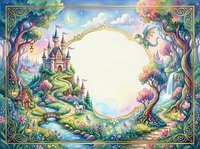 Fairy tale fantasy frame with castle, magical forest, waterfall and ornate border. Enchanted storybook template for children design projects and creative layouts.
