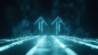 Glowing neon blue arrows pointing upward on digital grid surface with particles and fog effects, futuristic technology concept for business growth and success.