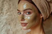 Young woman with clay facial mask wearing beige towel on head during spa skincare treatment, natural beauty and wellness concept.
