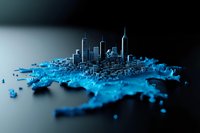 Futuristic cityscape with glowing blue digital particles spreading from urban skyscrapers on dark background, modern technology concept for business presentations.