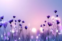 Purple wildflowers silhouettes against dreamy sunset sky with soft bokeh lights creating romantic meadow scene for spring and summer nature backgrounds.