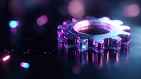 Glowing mechanical gear with neon pink and purple lighting effects on dark reflective surface against blurred bokeh background creates futuristic industrial atmosphere.