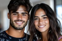 Happy young Hispanic couple smiling together indoors with natural lighting for lifestyle and relationship content.