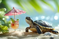 Sea turtle on sandy beach next to tropical cocktail with paper umbrella, creative summer vacation concept with bokeh background and green foliage.