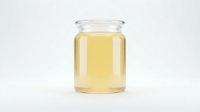 Glass jar filled with pale yellow liquid, possibly honey, oil, or syrup, isolated on white background for product packaging and culinary use.