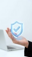 Hand holding translucent blue shield with checkmark symbol, representing security, protection, and verified safety for business and technology applications.