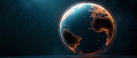Glowing planet Earth with illuminated continents against dark space background, showing global connectivity and world geography.