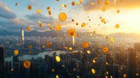 Bitcoin coins falling over modern cityscape at sunset with dramatic sky and skyscrapers, cryptocurrency financial concept for digital banking and investment.