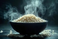 Steaming hot white rice in black ceramic bowl with dramatic lighting and rising smoke against dark background, scattered grains on textured surface.