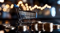 Shopping cart on stacks of coins against blurred bokeh lights background, representing retail business, consumer spending and financial growth concept.