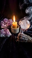 Mystical altar with glowing candle, amethyst crystals, crystal ball, dried lavender, and swirling smoke on dark velvet background.