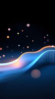 Abstract glowing waves with orange and blue neon lights against dark background, floating bokeh particles create magical atmosphere. Suitable for tech backgrounds.