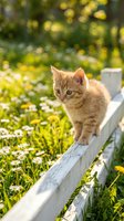 Young ginger tabby kitten walking on wooden fence in sunny garden with blooming daisies and dandelions, exploring outdoor environment.