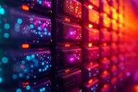 Network servers with glowing LED indicators in vibrant gradient colors from blue to red, creating abstract bokeh effect in data center environment.