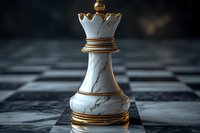 White marble chess queen piece with gold trim stands majestically on checkered board, dramatic lighting emphasizes luxury game strategy concept.