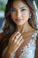 Young woman in white lace wedding dress showing engagement ring with natural makeup and wavy brown hair, soft lighting creates romantic bridal portrait.
