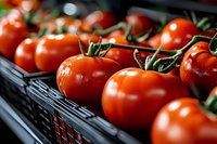 Fresh ripe red tomatoes with green stems in black plastic crate at farmers market or grocery store display for healthy cooking and organic food preparation.