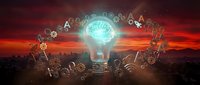 Silhouettes of people with glowing lightbulb and digital icons representing innovation, creativity, and collaborative problem-solving for business and technology concepts.
