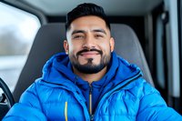 Confident Hispanic man with beard wearing bright blue winter jacket smiles warmly while sitting in vehicle, expressing positive attitude and contentment.