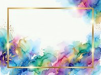 Watercolor abstract frame with gold border and colorful ink splashes, isolated on white background, ready for design, invitations, and social media graphics.