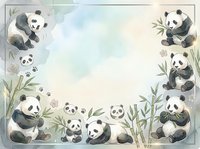 Watercolor panda bears frame border with bamboo leaves and soft pastel background for baby nursery decor, greeting cards and nature designs.