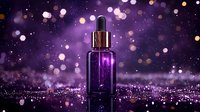 Purple glass dropper bottle with glitter sparkles on dark background with bokeh lights and magical glow effect, luxury cosmetic product photography.