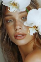 Young woman with freckles and natural makeup in soft light, framed by white orchid flowers. Close up beauty portrait showing fresh glowing skin and dreamy expression.
