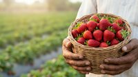Farmer holding wicker basket filled with fresh ripe strawberries in agricultural field during harvest season for farming and agriculture concepts.