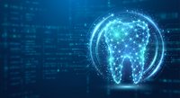 Digital tooth hologram with glowing network connections on blue technology background for dental healthcare innovation and futuristic medical concepts.