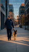 Police officer walking with K9 German Shepherd dog on urban city street during golden hour patrol duty for law enforcement and public safety operations.