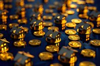 Glowing golden bitcoin cryptocurrency coins with house symbols arranged in rows creating dramatic lighting effect on dark background for financial concept.