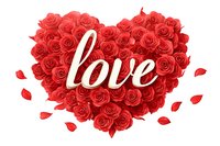 Red roses arranged in heart shape with love script lettering and scattered petals on white background for Valentine's Day romantic greeting cards.