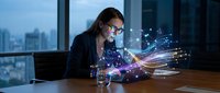 Professional businesswoman using digital technology with glowing network connections in modern office environment for corporate innovation concepts.
