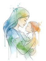 Watercolor mother holding newborn baby in tender embrace with flowing hair and soft pastel colors. Motherhood bonding moment for greeting cards and nursery art.